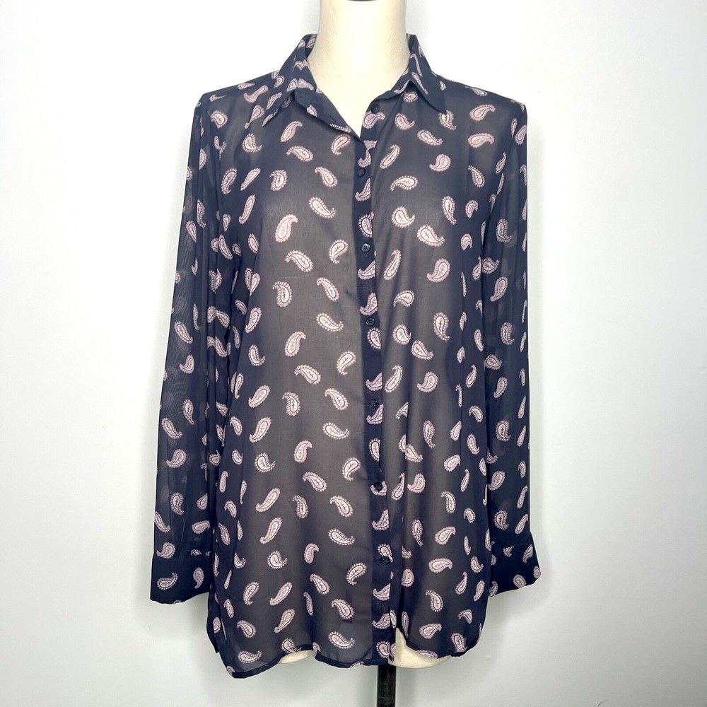 Talbots Gray Pink Paisley Button Down Shirt Sheer Long Sleeve Medium